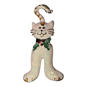 Vintage Glitter Enamel Cat Brooch Holiday Figural Silver Tone J40